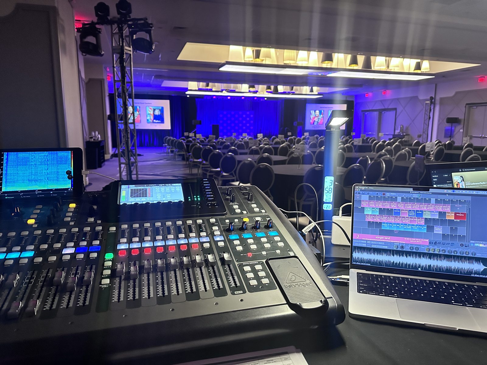 Audio mixing and show-control position in a ballroom